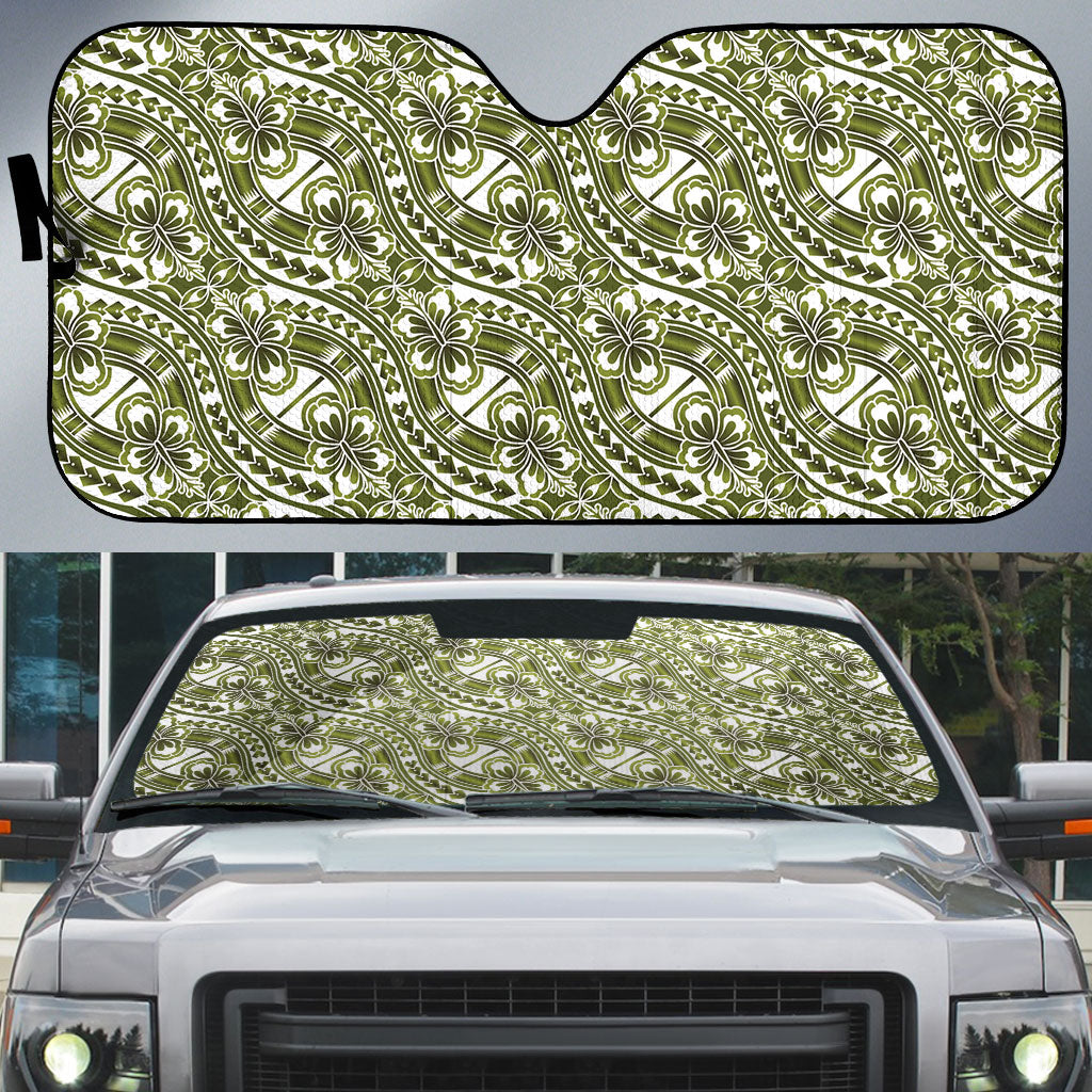 Hibiscus Bloom Island Tribal Waves Auto Sun Shade Olive Green Polynesian Pattern LT01 Olive Green - Polynesian Pride