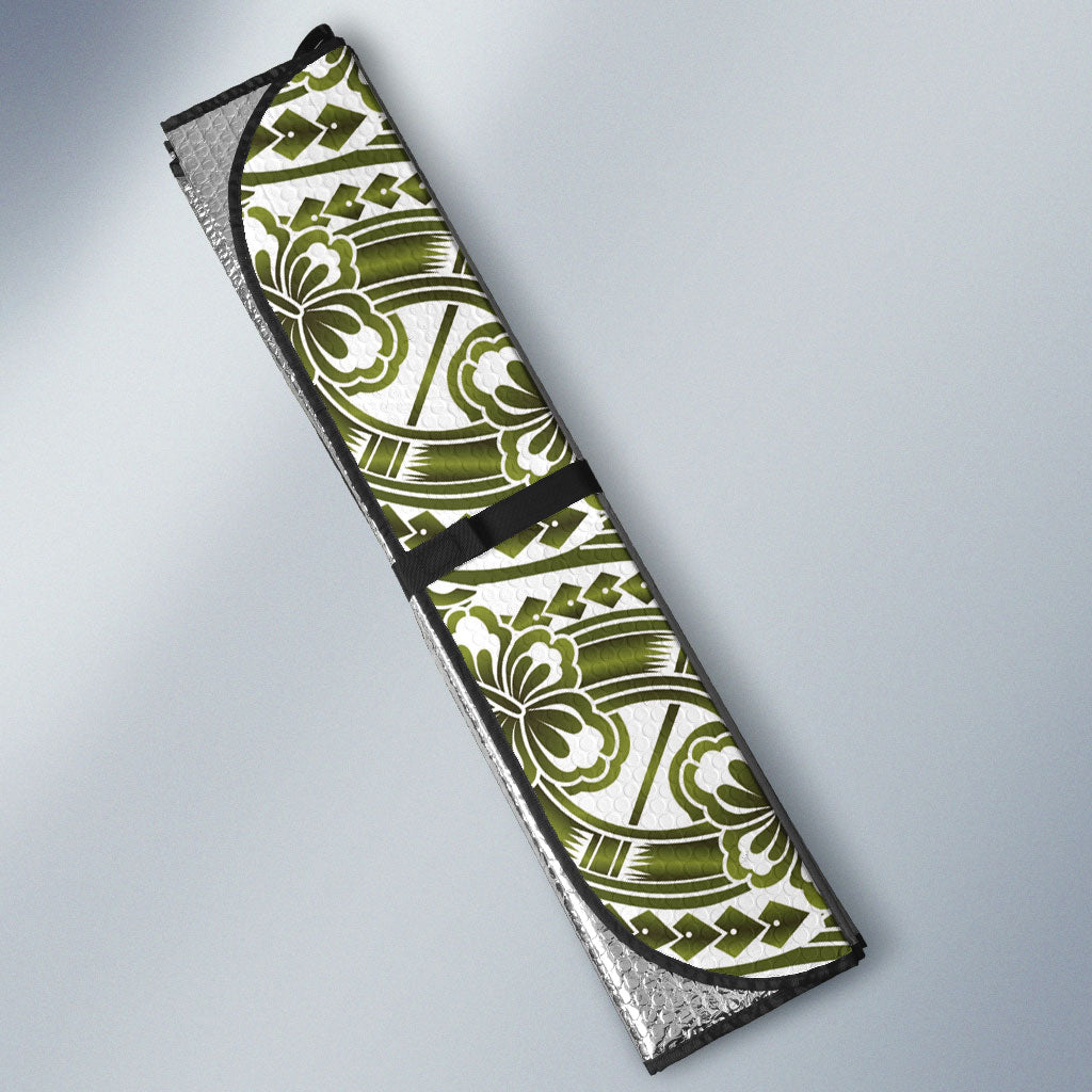 Hibiscus Bloom Island Tribal Waves Auto Sun Shade Olive Green Polynesian Pattern LT01 - Polynesian Pride