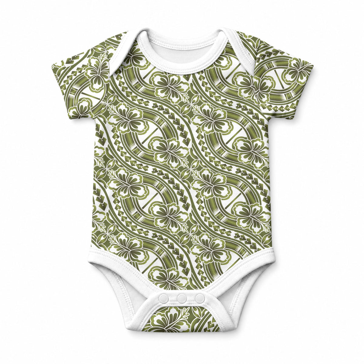 Hibiscus Bloom Island Tribal Waves Baby Onesie Olive Green Polynesian Pattern LT01 Olive Green - Polynesian Pride