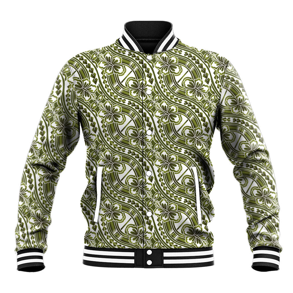Hibiscus Bloom Island Tribal Waves Baseball Jacket Olive Green Polynesian Pattern LT01 Unisex Olive Green - Polynesian Pride