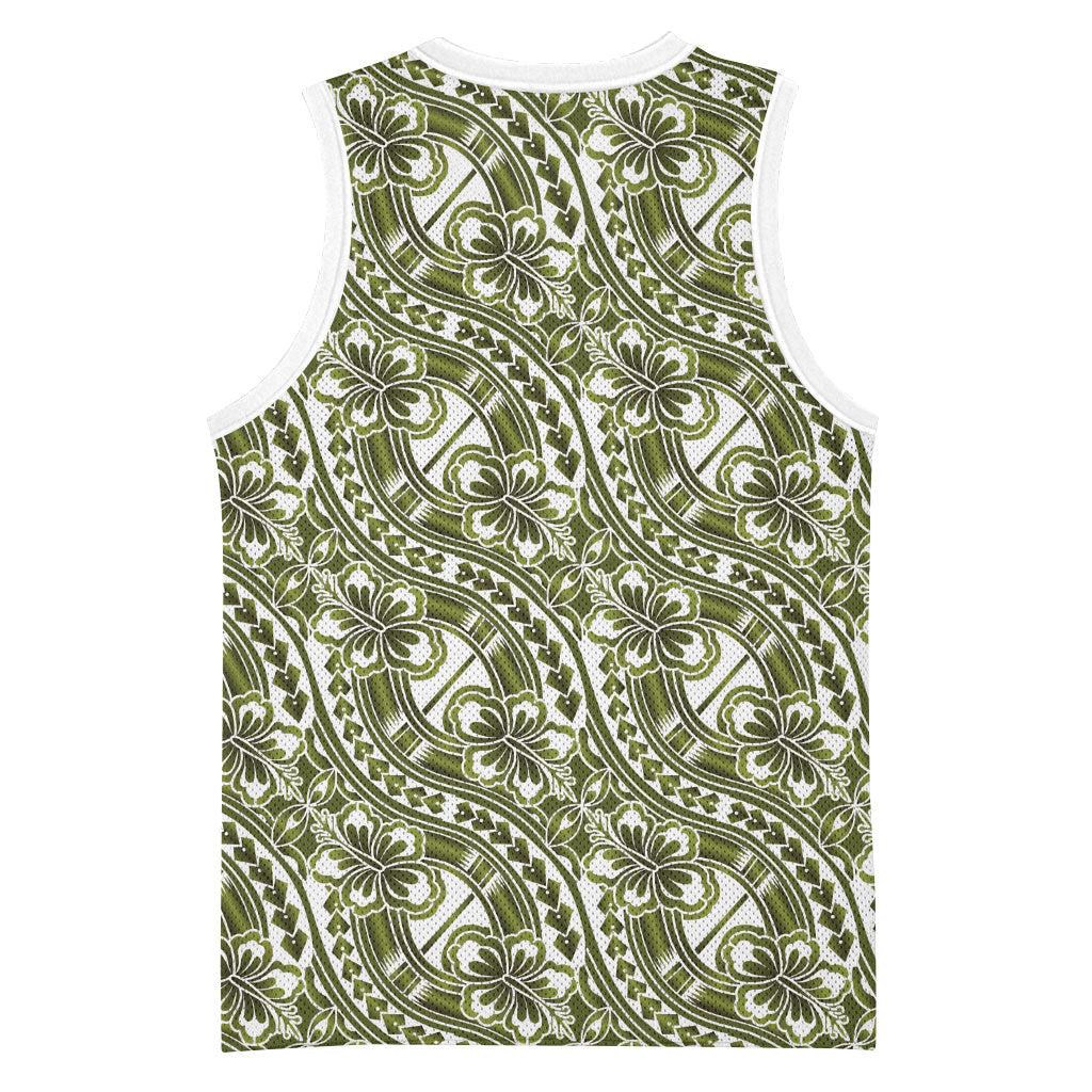 Hibiscus Bloom Island Tribal Waves Basketball Jersey Olive Green Polynesian Pattern LT01 - Polynesian Pride