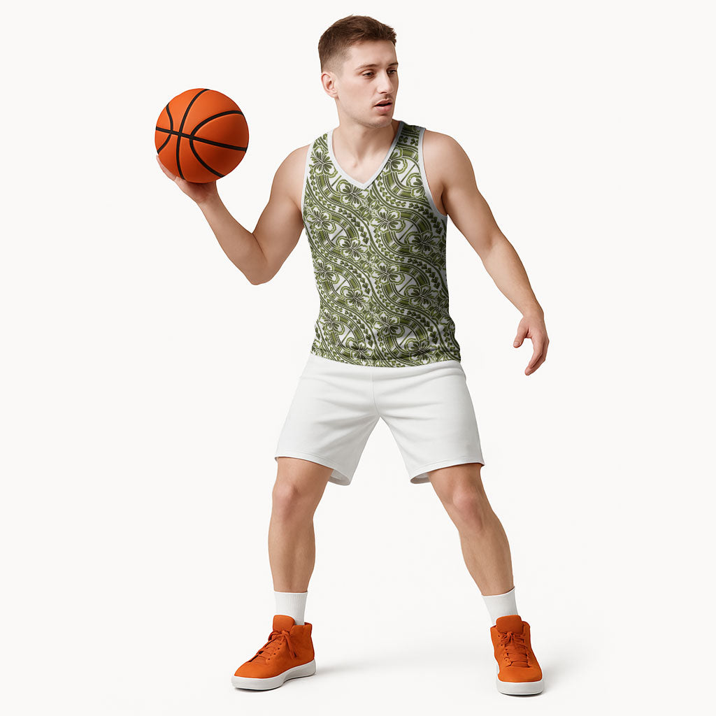 Hibiscus Bloom Island Tribal Waves Basketball Jersey Olive Green Polynesian Pattern LT01 - Polynesian Pride