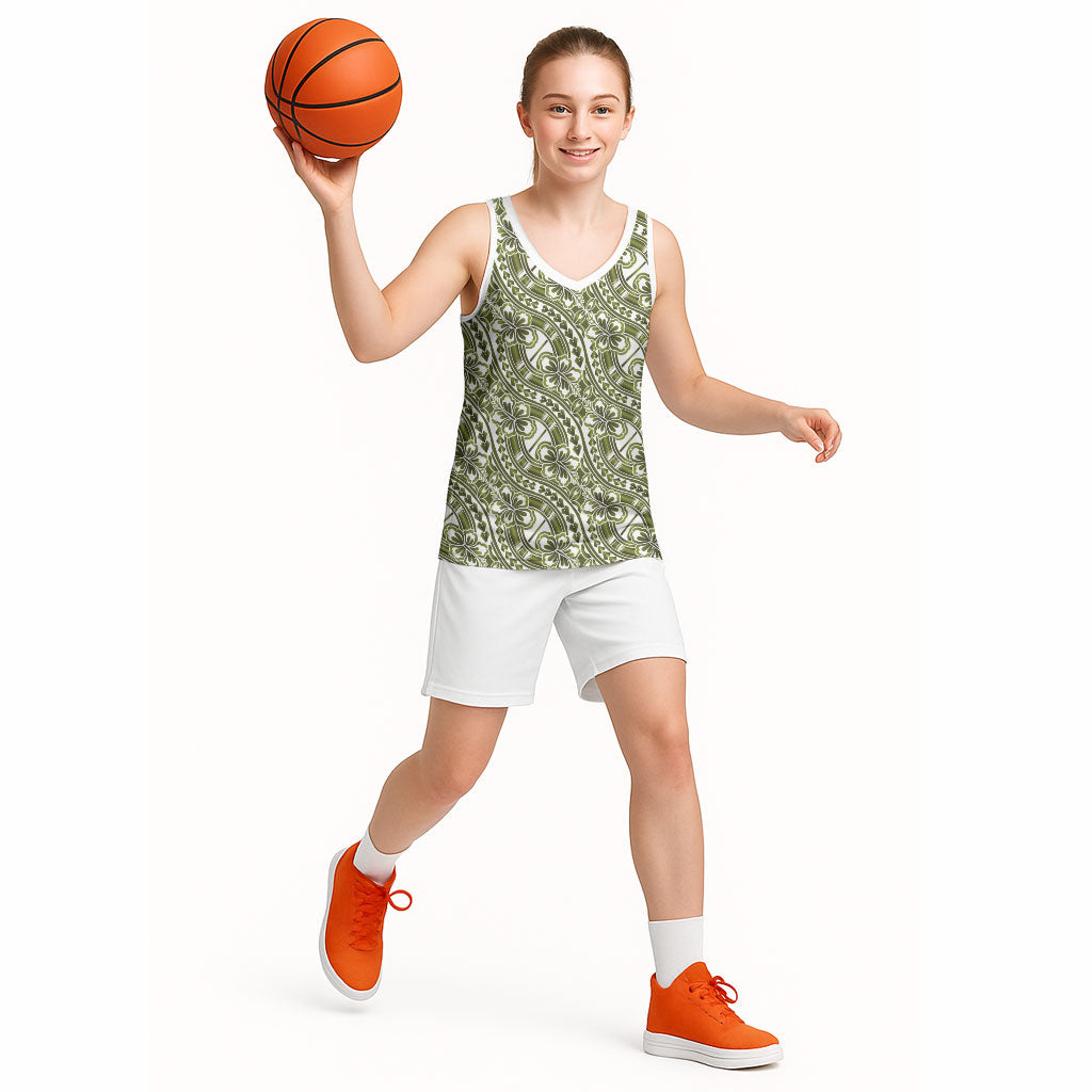 Hibiscus Bloom Island Tribal Waves Basketball Jersey Olive Green Polynesian Pattern LT01 - Polynesian Pride