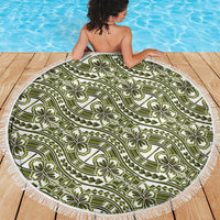 Hibiscus Bloom Island Tribal Waves Beach Blanket Olive Green Polynesian Pattern LT01 - Polynesian Pride