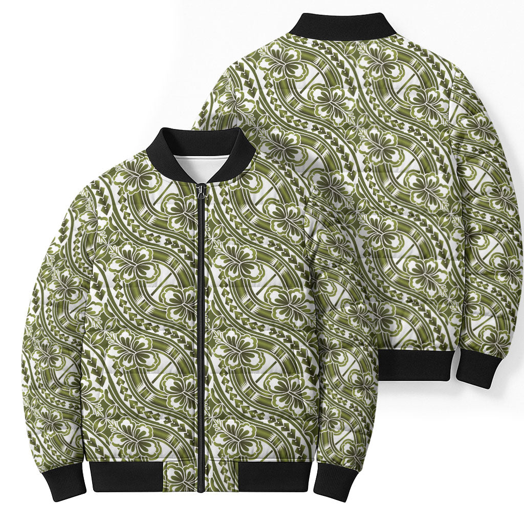 Hibiscus Bloom Island Tribal Waves Bomber Puffer Jacket Olive Green Polynesian Pattern LT01 - Polynesian Pride