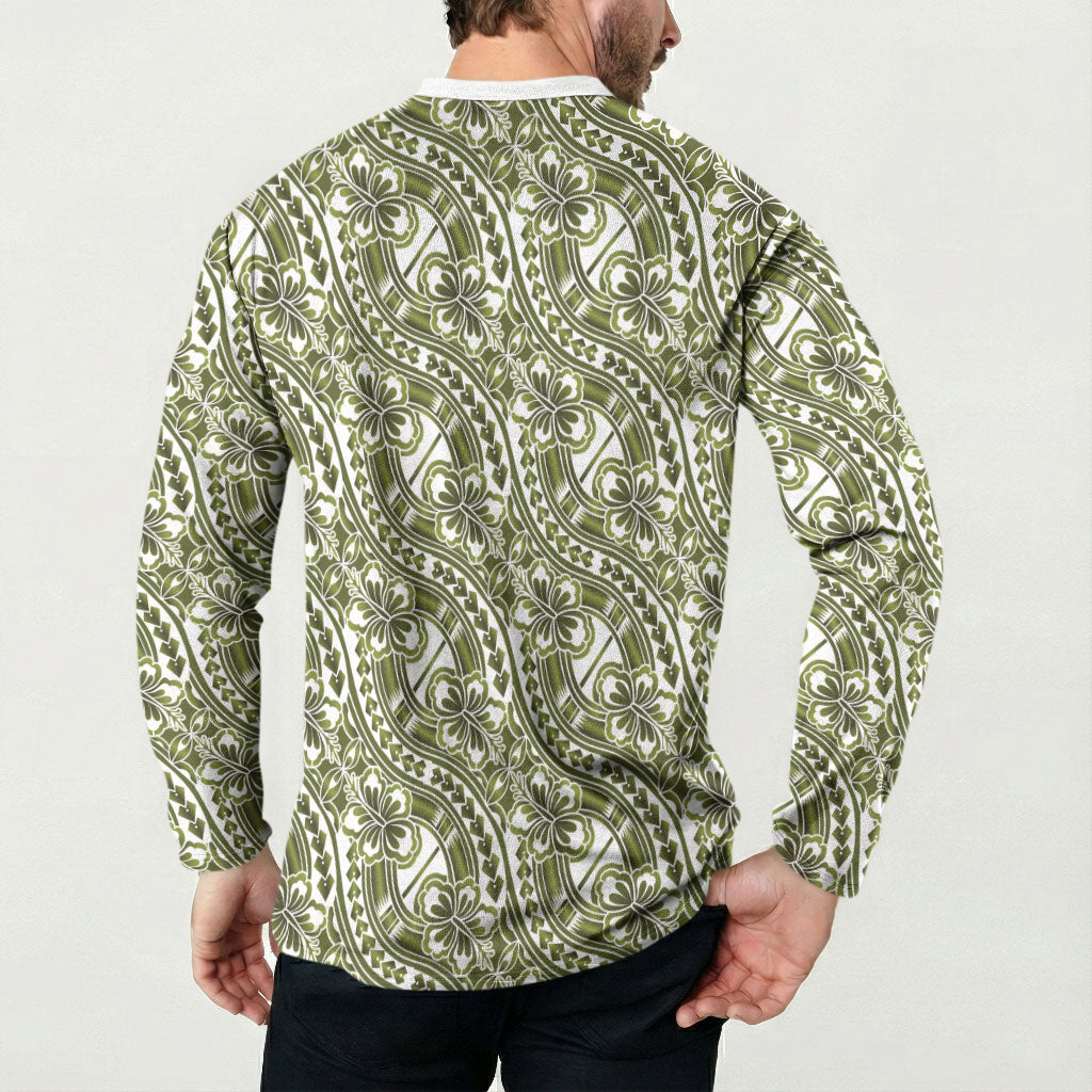 Hibiscus Bloom Island Tribal Waves Button Sweatshirt Olive Green Polynesian Pattern LT01 - Polynesian Pride