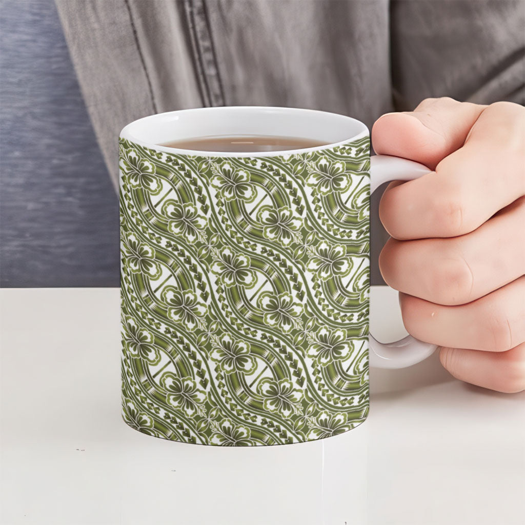 Hibiscus Bloom Island Tribal Waves Ceramic Mug Olive Green Polynesian Pattern LT01 - Polynesian Pride