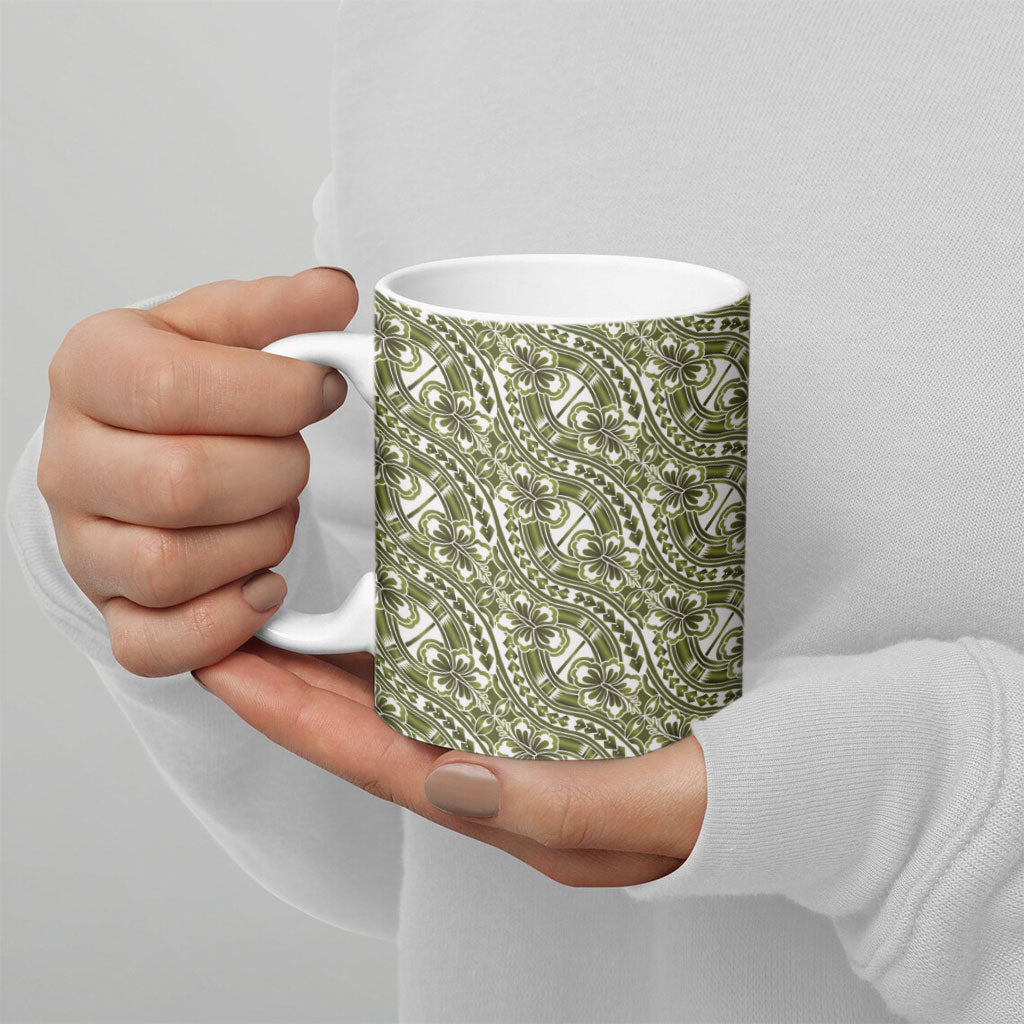 Hibiscus Bloom Island Tribal Waves Ceramic Mug Olive Green Polynesian Pattern LT01 - Polynesian Pride