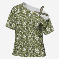 Hibiscus Bloom Island Tribal Waves Cross Shoulder Shirt Olive Green Polynesian Pattern LT01 Female Olive Green - Polynesian Pride
