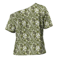 Hibiscus Bloom Island Tribal Waves Cross Shoulder Shirt Olive Green Polynesian Pattern LT01 - Polynesian Pride