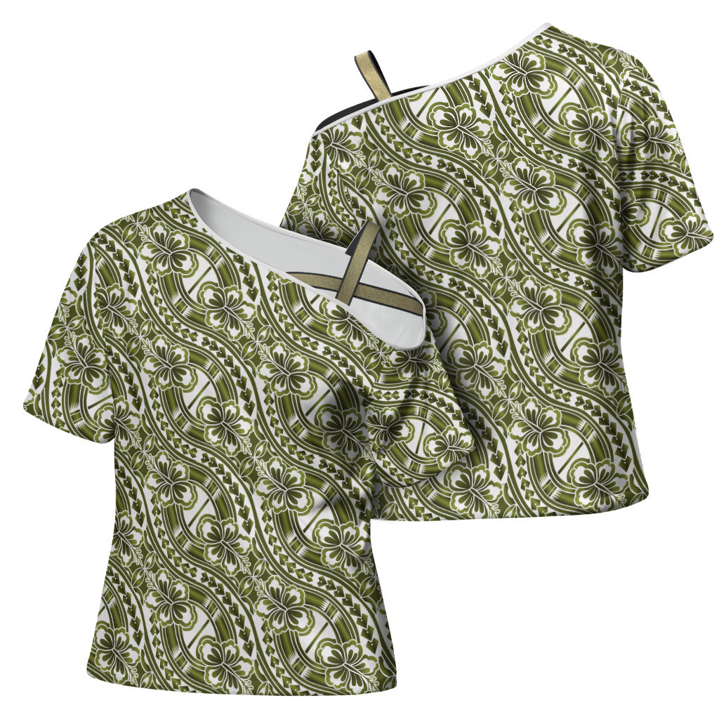 Hibiscus Bloom Island Tribal Waves Cross Shoulder Shirt Olive Green Polynesian Pattern LT01 - Polynesian Pride