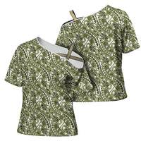 Hibiscus Bloom Island Tribal Waves Cross Shoulder Shirt Olive Green Polynesian Pattern LT01 - Polynesian Pride