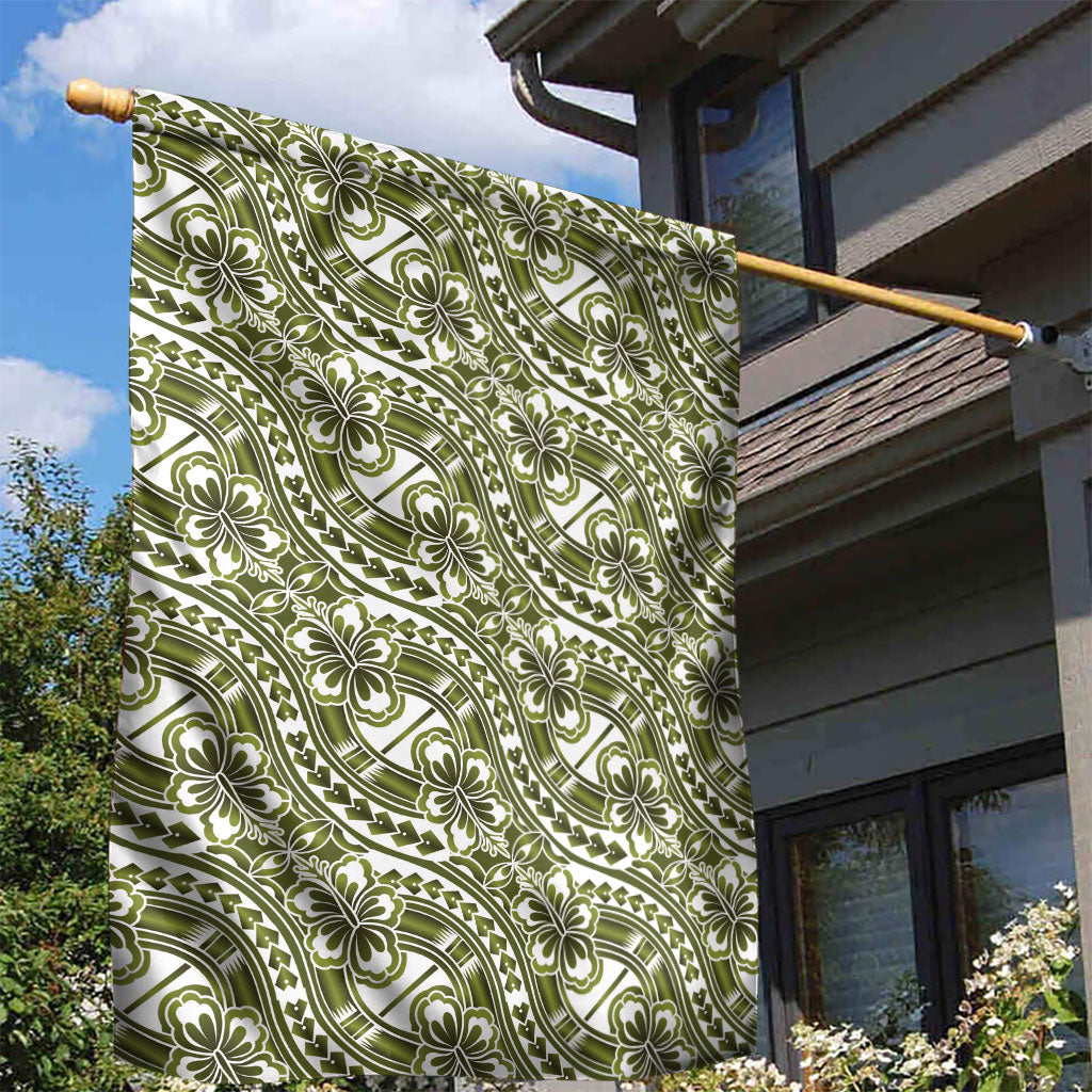 Hibiscus Bloom Island Tribal Waves Garden Flag Olive Green Polynesian Pattern LT01 - Polynesian Pride