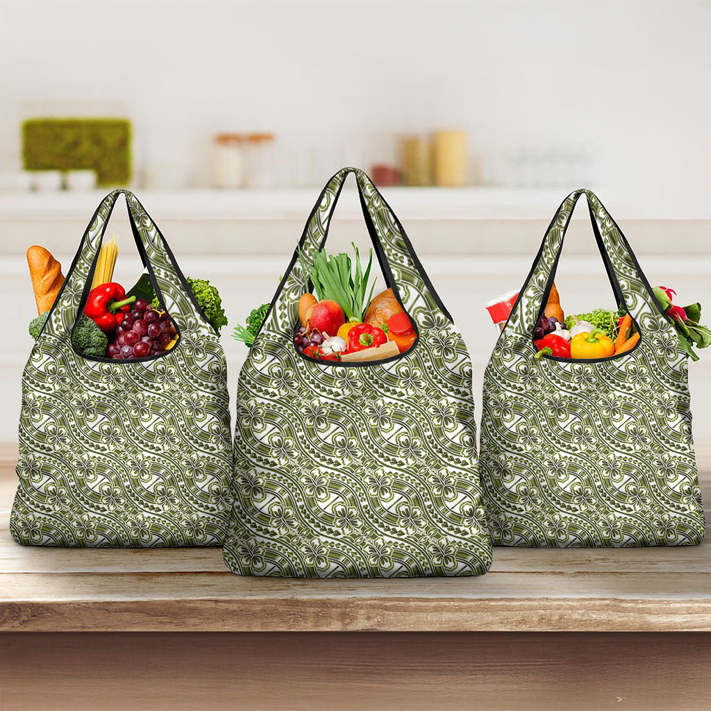 Hibiscus Bloom Island Tribal Waves Grocery Bag Olive Green Polynesian Pattern LT01 3-pack One Size Olive Green - Polynesian Pride