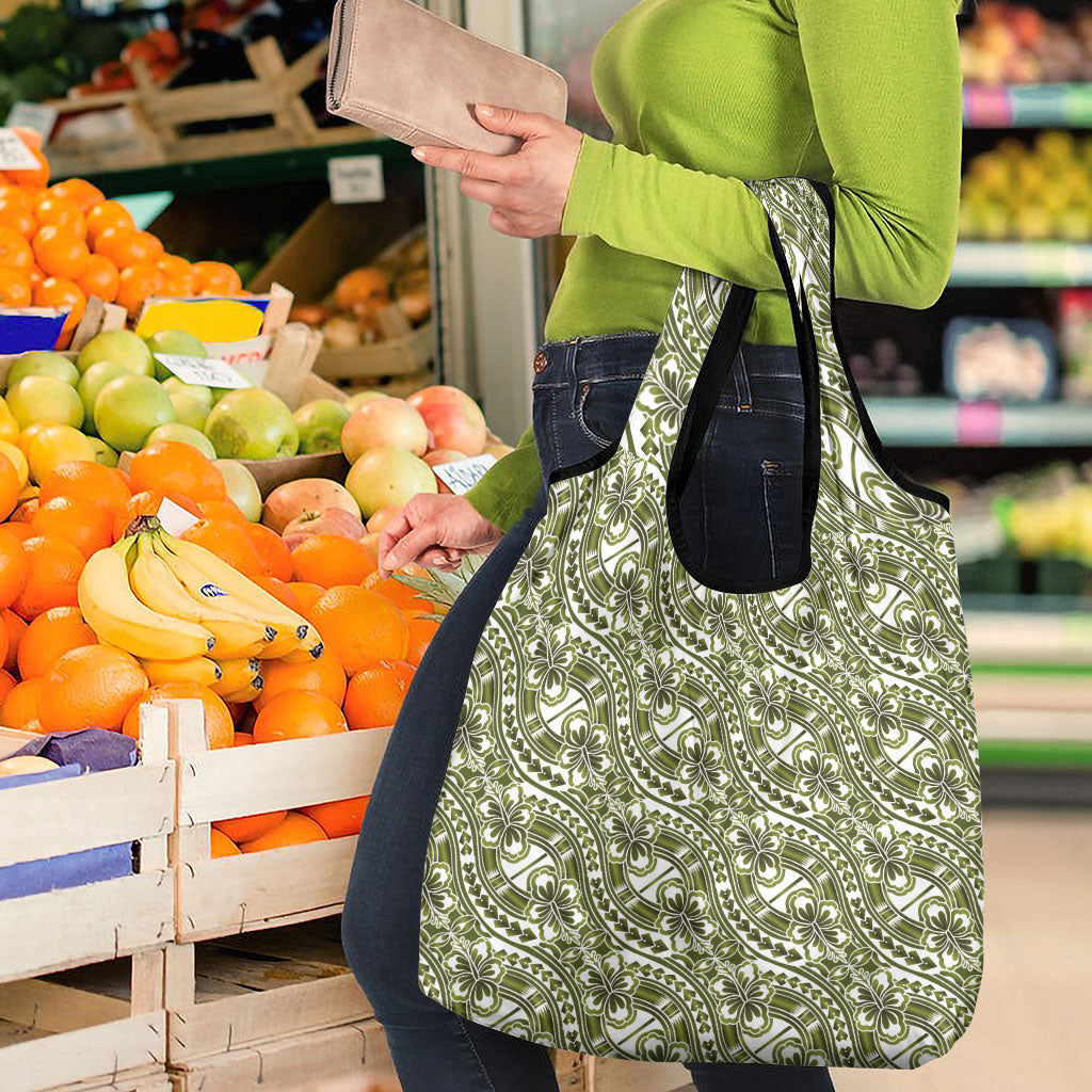 Hibiscus Bloom Island Tribal Waves Grocery Bag Olive Green Polynesian Pattern LT01 - Polynesian Pride