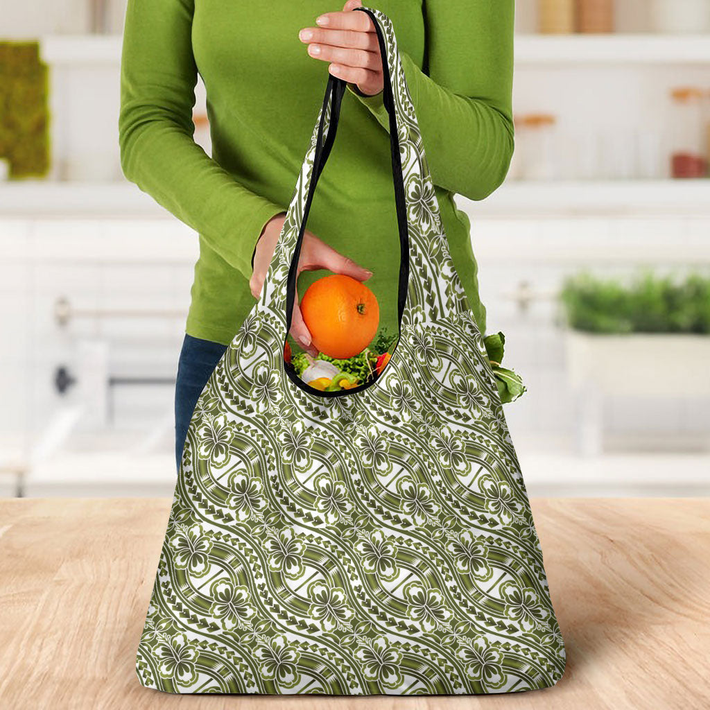 Hibiscus Bloom Island Tribal Waves Grocery Bag Olive Green Polynesian Pattern LT01 - Polynesian Pride