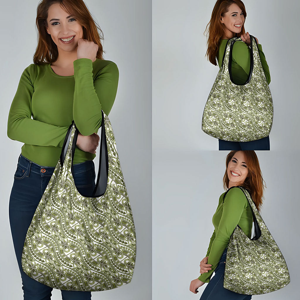 Hibiscus Bloom Island Tribal Waves Grocery Bag Olive Green Polynesian Pattern LT01 - Polynesian Pride