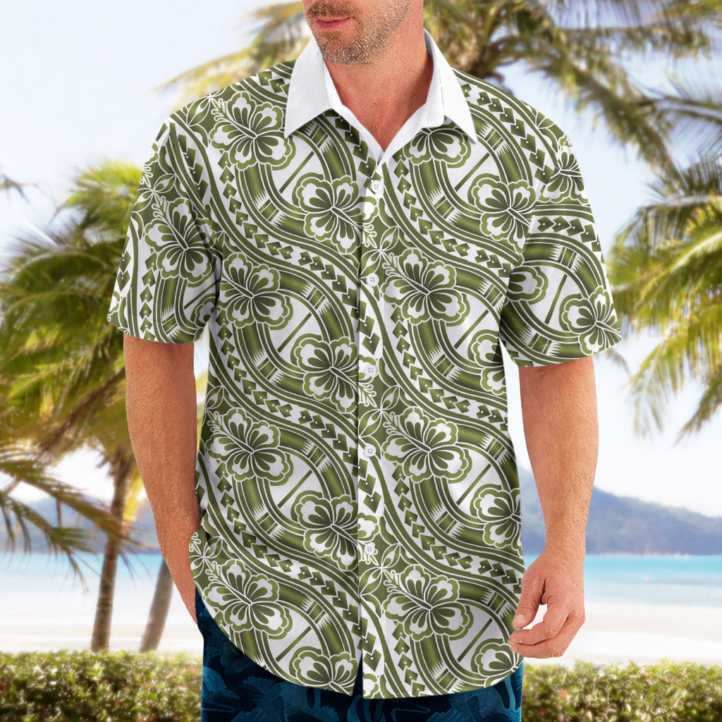 Hibiscus Bloom Island Tribal Waves Hawaiian Shirt Olive Green Polynesian Pattern LT01 - Polynesian Pride