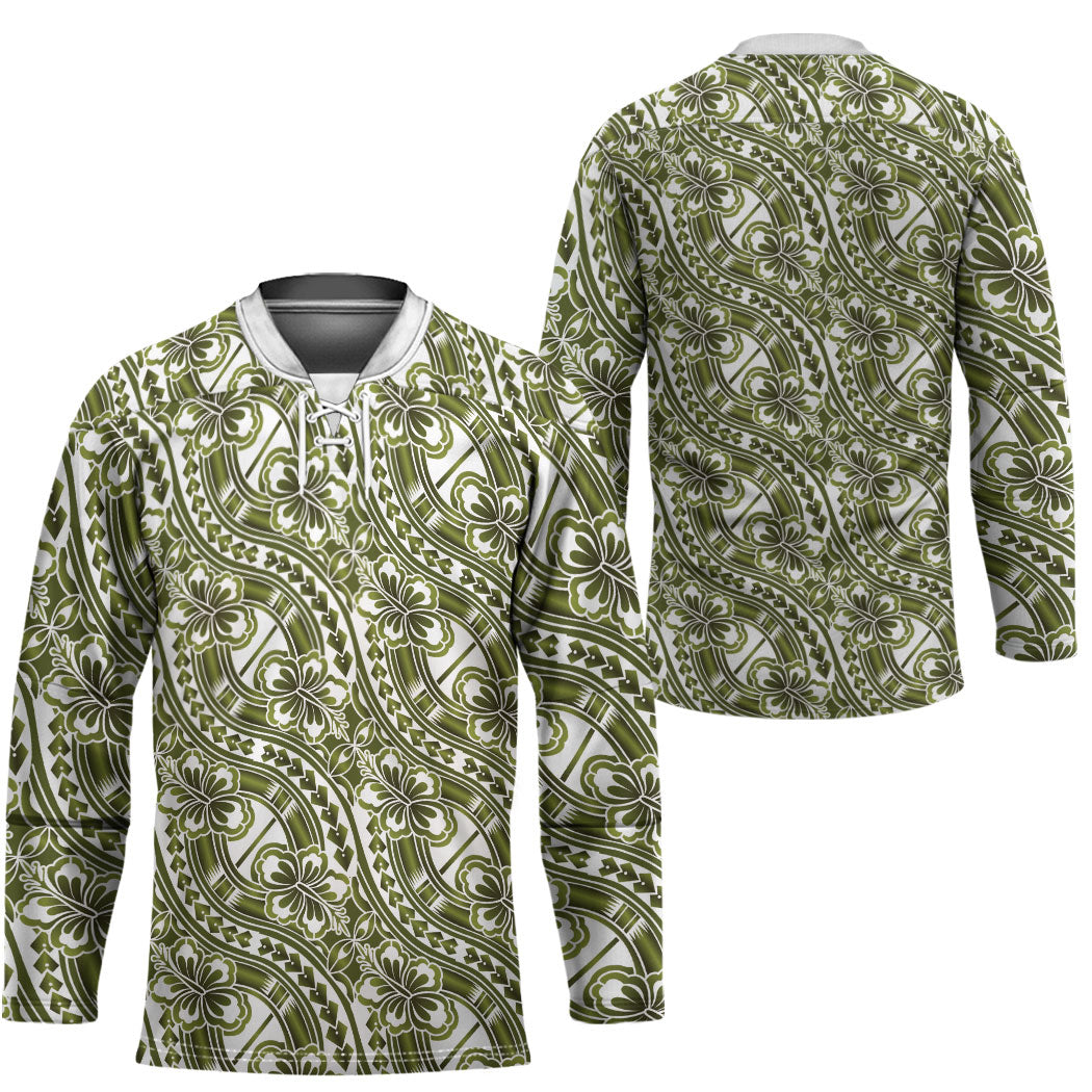 Hibiscus Bloom Island Tribal Waves Hockey Jersey Olive Green Polynesian Pattern LT01 - Polynesian Pride