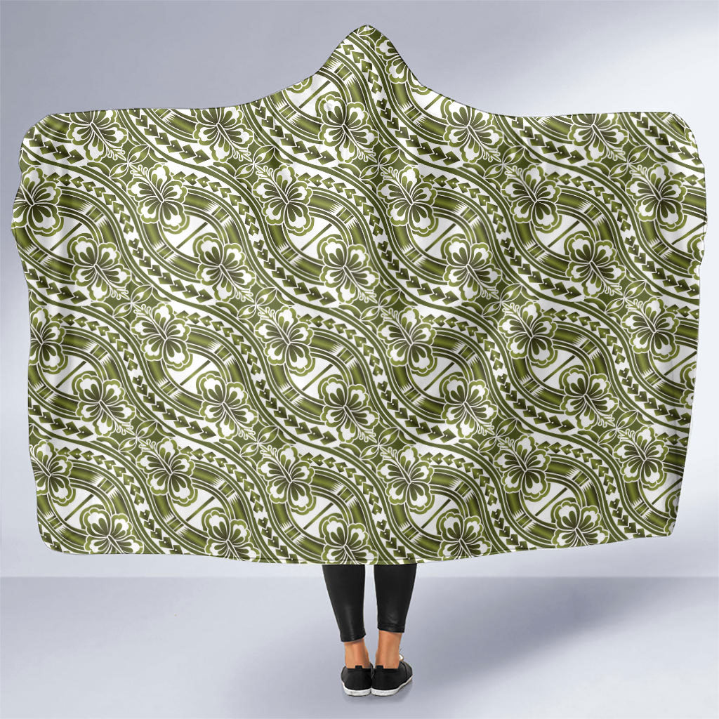 Hibiscus Bloom Island Tribal Waves Hooded Blanket Olive Green Polynesian Pattern LT01 One Size Olive Green - Polynesian Pride