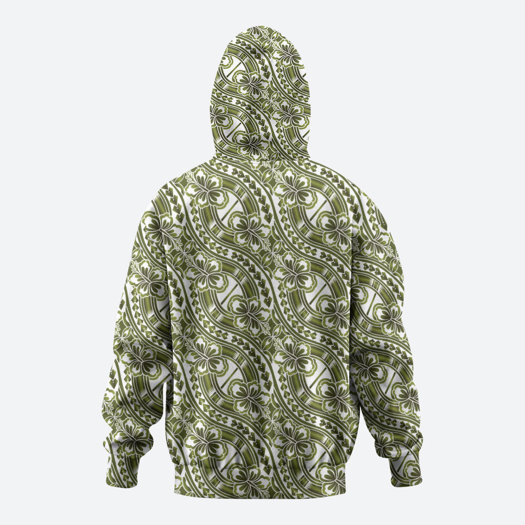 Hibiscus Bloom Island Tribal Waves Hoodie Olive Green Polynesian Pattern LT01 - Polynesian Pride