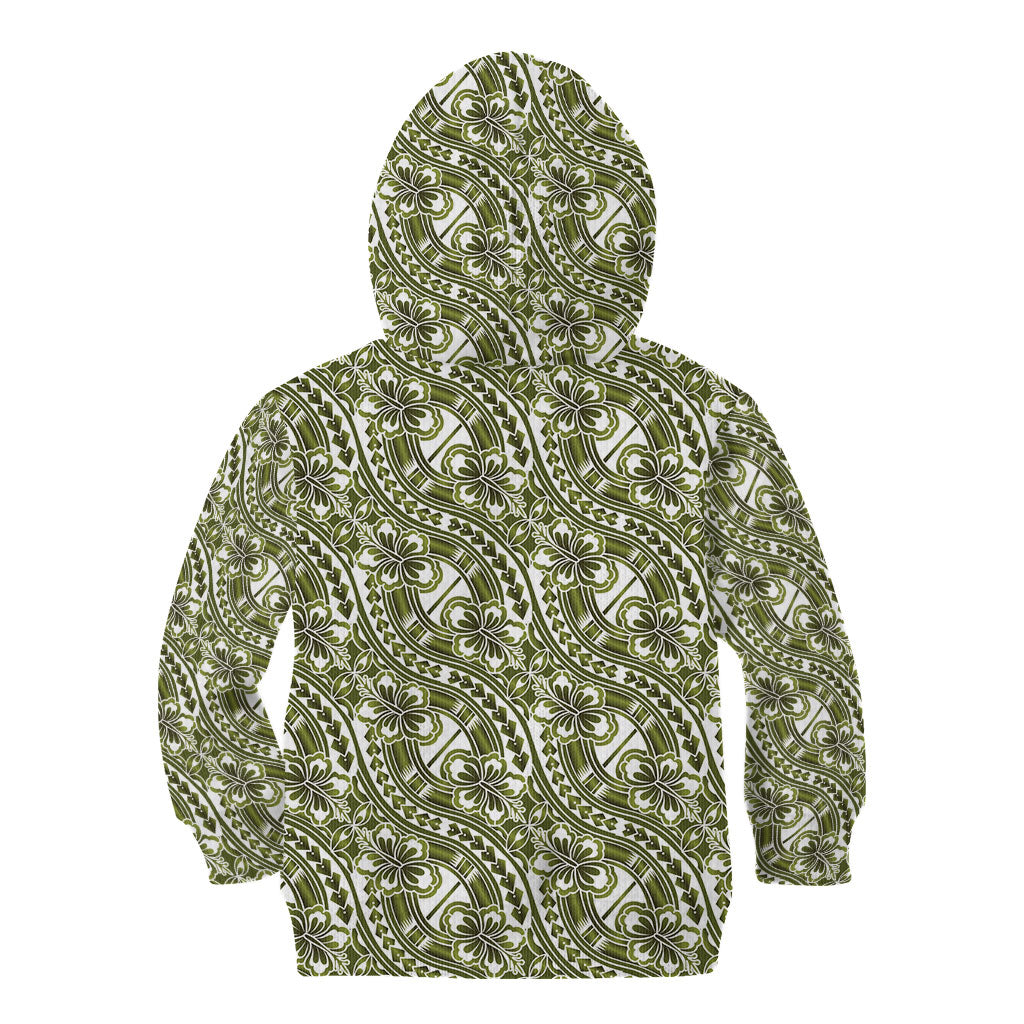 Hibiscus Bloom Island Tribal Waves Kid Hoodie Olive Green Polynesian Pattern LT01 - Polynesian Pride