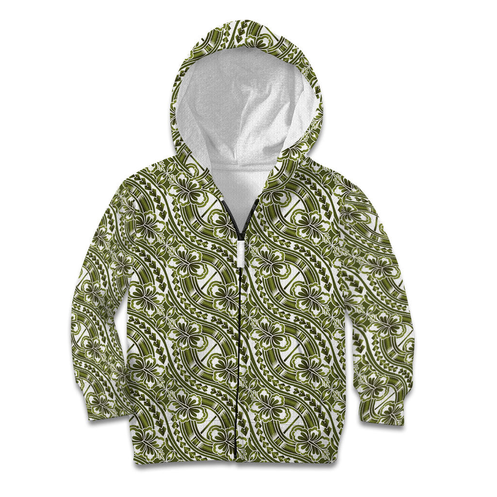 Hibiscus Bloom Island Tribal Waves Kid Hoodie Olive Green Polynesian Pattern LT01 Zip Hoodie Olive Green - Polynesian Pride