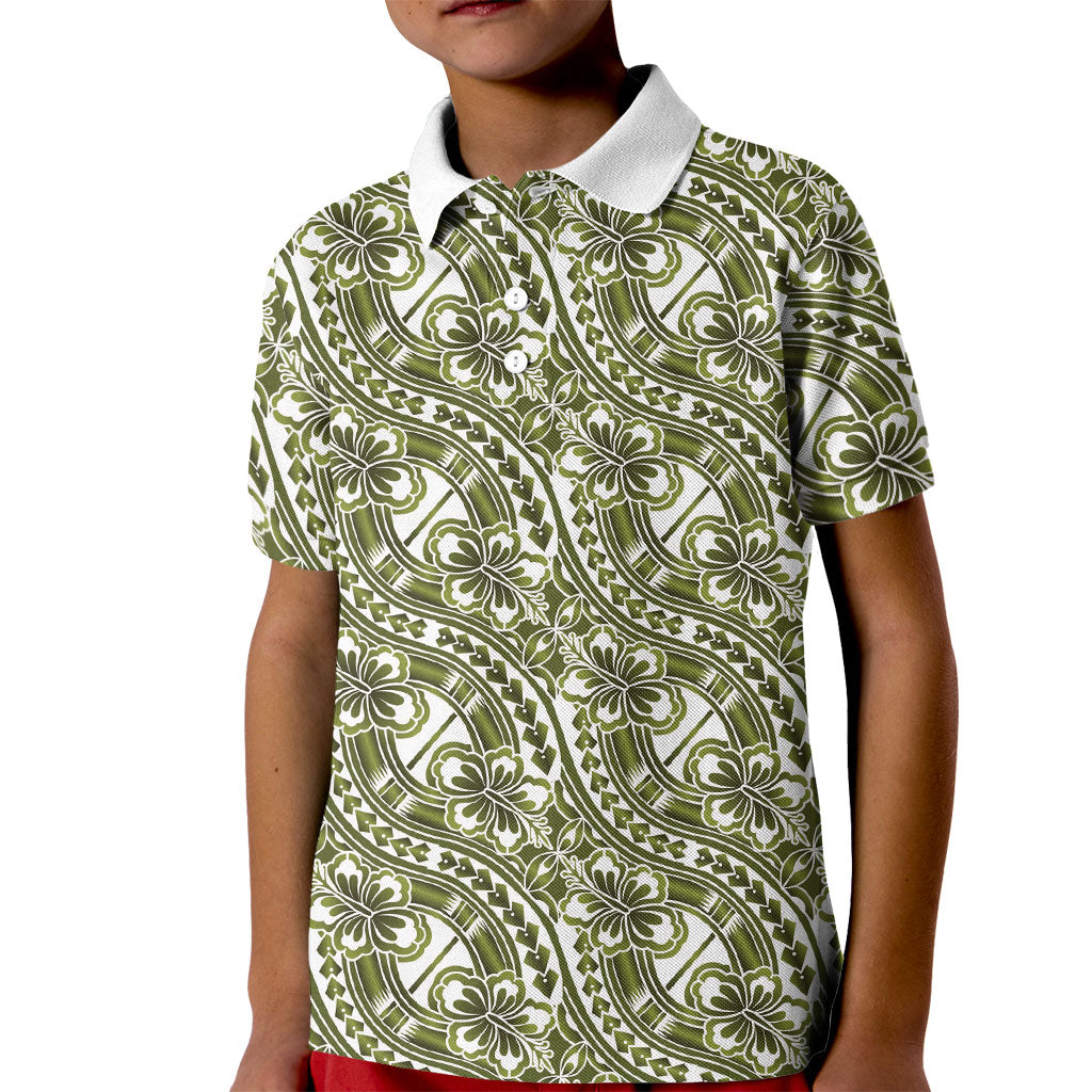 Hibiscus Bloom Island Tribal Waves Kid Polo Shirt Olive Green Polynesian Pattern LT01 Kid Olive Green - Polynesian Pride