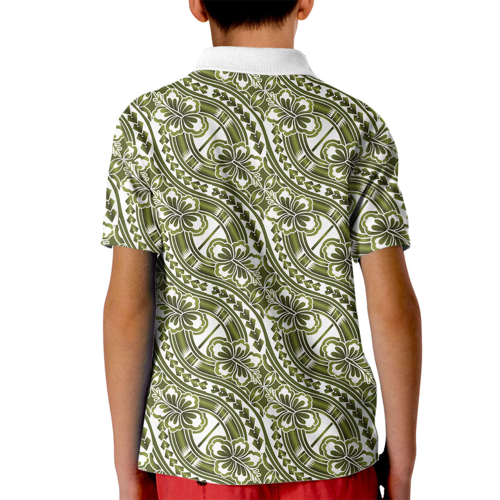 Hibiscus Bloom Island Tribal Waves Kid Polo Shirt Olive Green Polynesian Pattern LT01 - Polynesian Pride