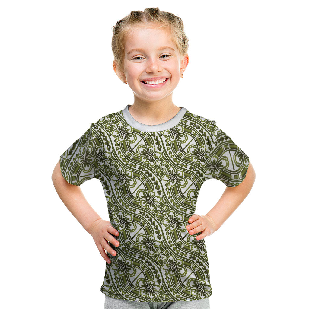 Hibiscus Bloom Island Tribal Waves Kid T Shirt Olive Green Polynesian Pattern LT01 Olive Green - Polynesian Pride