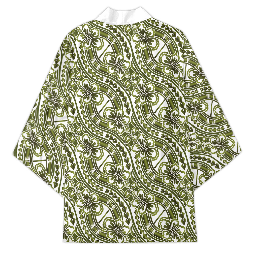 Hibiscus Bloom Island Tribal Waves Kimono Olive Green Polynesian Pattern LT01 - Polynesian Pride