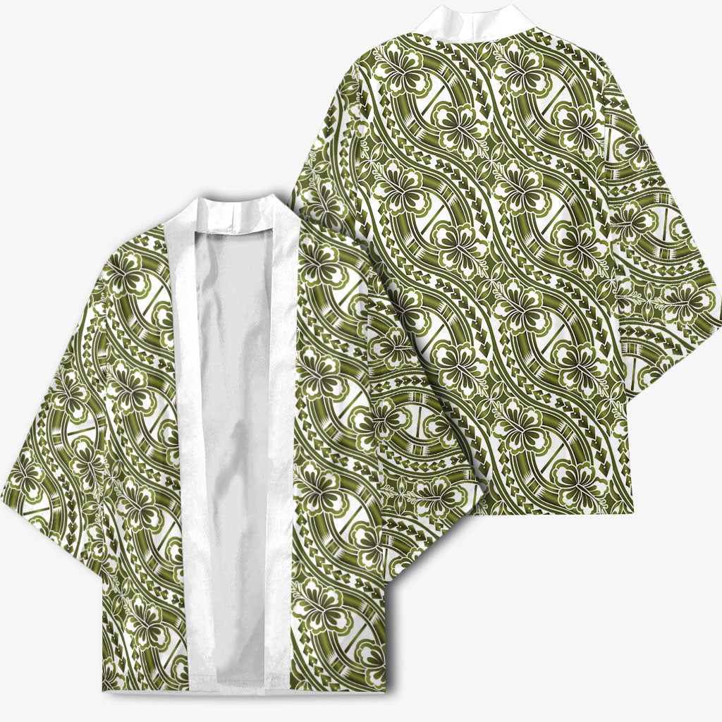 Hibiscus Bloom Island Tribal Waves Kimono Olive Green Polynesian Pattern LT01 - Polynesian Pride