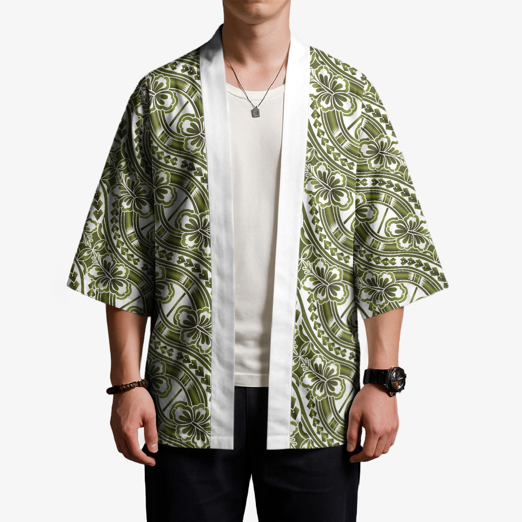 Hibiscus Bloom Island Tribal Waves Kimono Olive Green Polynesian Pattern LT01 - Polynesian Pride