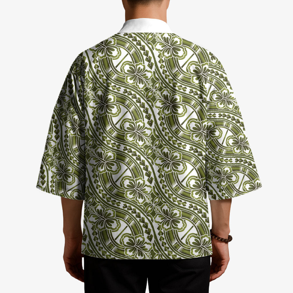 Hibiscus Bloom Island Tribal Waves Kimono Olive Green Polynesian Pattern LT01 - Polynesian Pride