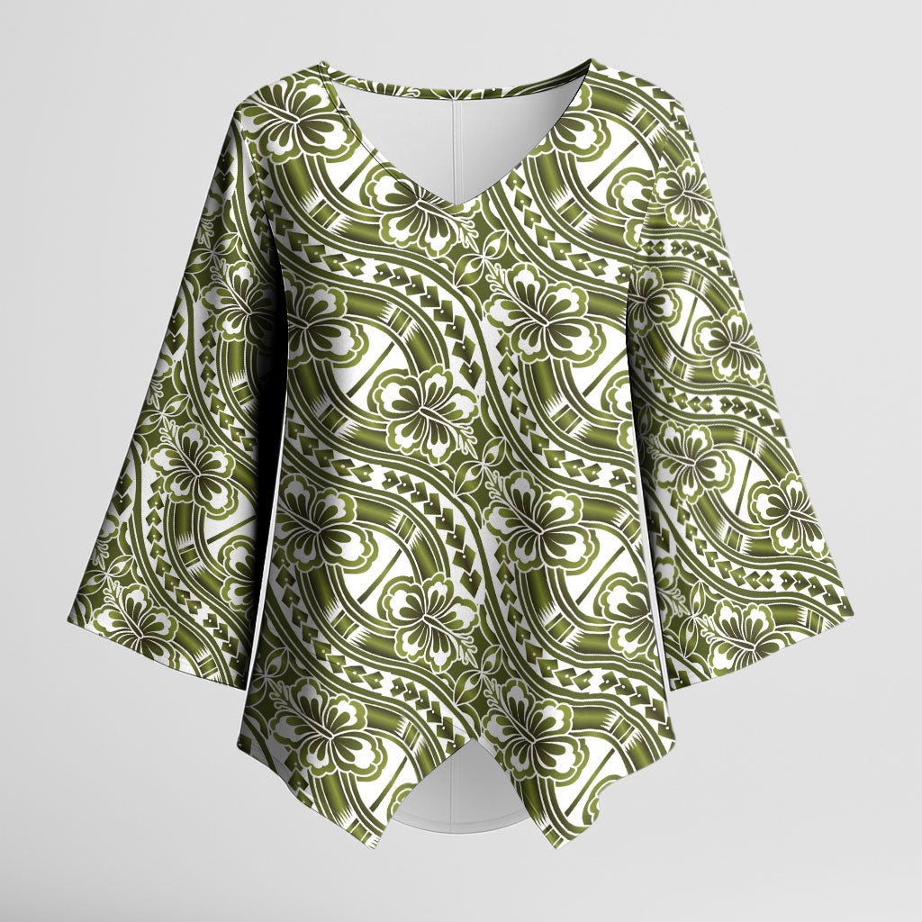 Hibiscus Bloom Island Tribal Waves Kimono Sleeve Blouse Olive Green Polynesian Pattern LT01 Female Olive Green - Polynesian Pride