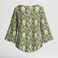 Hibiscus Bloom Island Tribal Waves Kimono Sleeve Blouse Olive Green Polynesian Pattern LT01 - Polynesian Pride