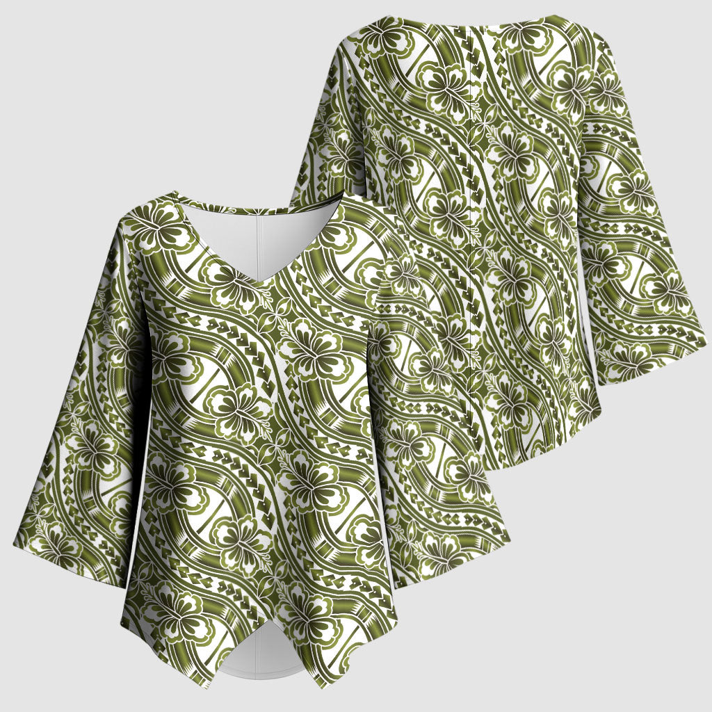 Hibiscus Bloom Island Tribal Waves Kimono Sleeve Blouse Olive Green Polynesian Pattern LT01 - Polynesian Pride