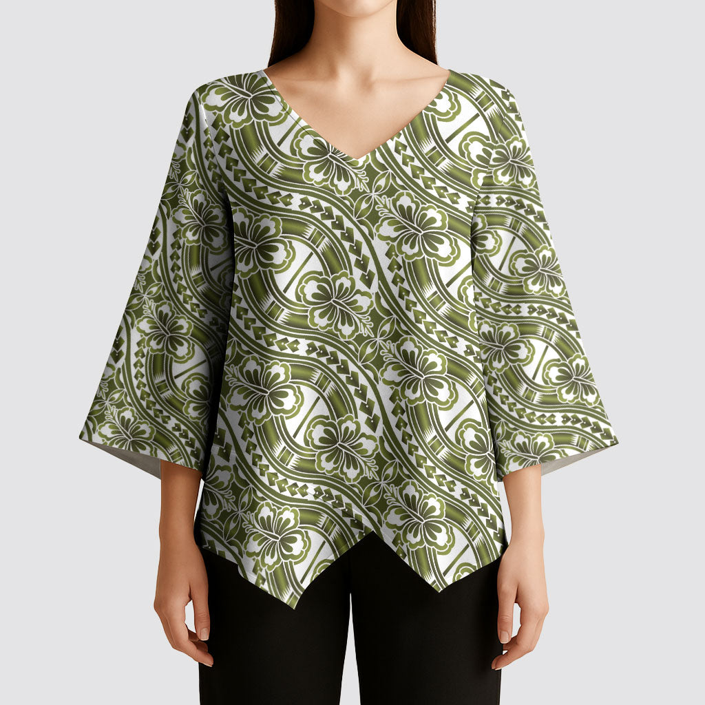 Hibiscus Bloom Island Tribal Waves Kimono Sleeve Blouse Olive Green Polynesian Pattern LT01 - Polynesian Pride