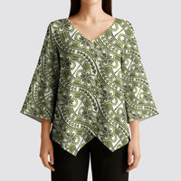 Hibiscus Bloom Island Tribal Waves Kimono Sleeve Blouse Olive Green Polynesian Pattern LT01 - Polynesian Pride