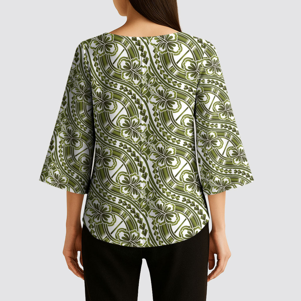 Hibiscus Bloom Island Tribal Waves Kimono Sleeve Blouse Olive Green Polynesian Pattern LT01 - Polynesian Pride
