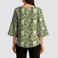 Hibiscus Bloom Island Tribal Waves Kimono Sleeve Blouse Olive Green Polynesian Pattern LT01 - Polynesian Pride