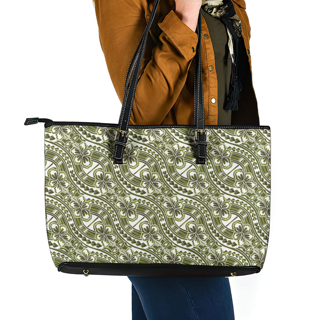 Hibiscus Bloom Island Tribal Waves Leather Tote Bag Olive Green Polynesian Pattern LT01 - Polynesian Pride