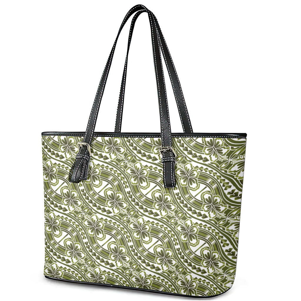 Hibiscus Bloom Island Tribal Waves Leather Tote Bag Olive Green Polynesian Pattern LT01 - Polynesian Pride