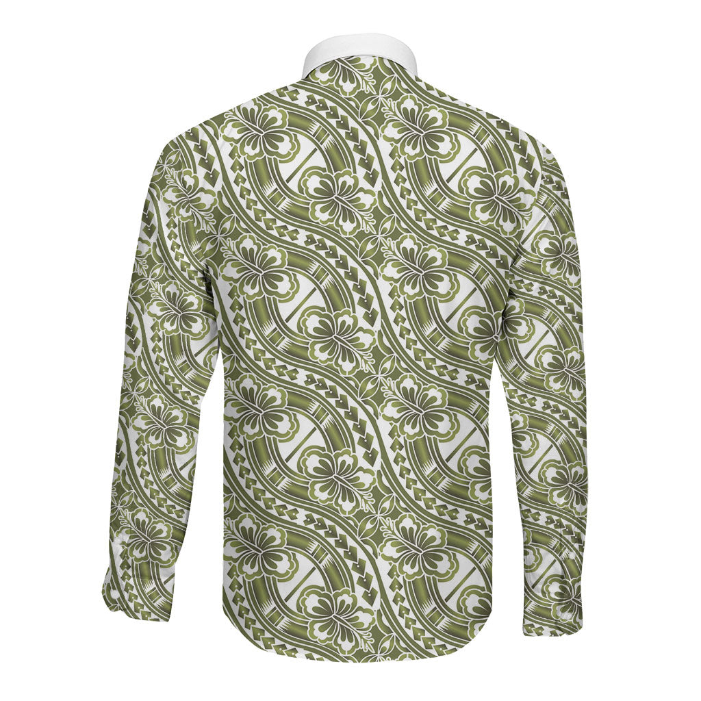 Hibiscus Bloom Island Tribal Waves Long Sleeve Button Shirt Olive Green Polynesian Pattern LT01 - Polynesian Pride