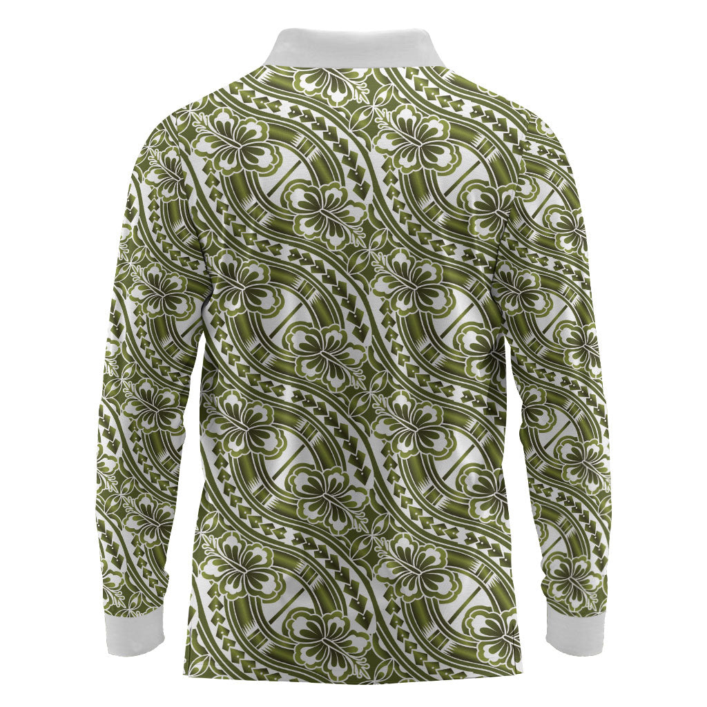 Hibiscus Bloom Island Tribal Waves Long Sleeve Polo Shirt Olive Green Polynesian Pattern LT01 - Polynesian Pride