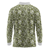 Hibiscus Bloom Island Tribal Waves Long Sleeve Polo Shirt Olive Green Polynesian Pattern LT01 - Polynesian Pride