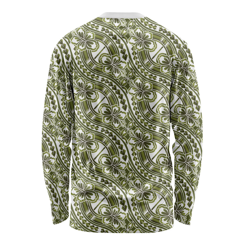 Hibiscus Bloom Island Tribal Waves Long Sleeve Shirt Olive Green Polynesian Pattern LT01 - Polynesian Pride