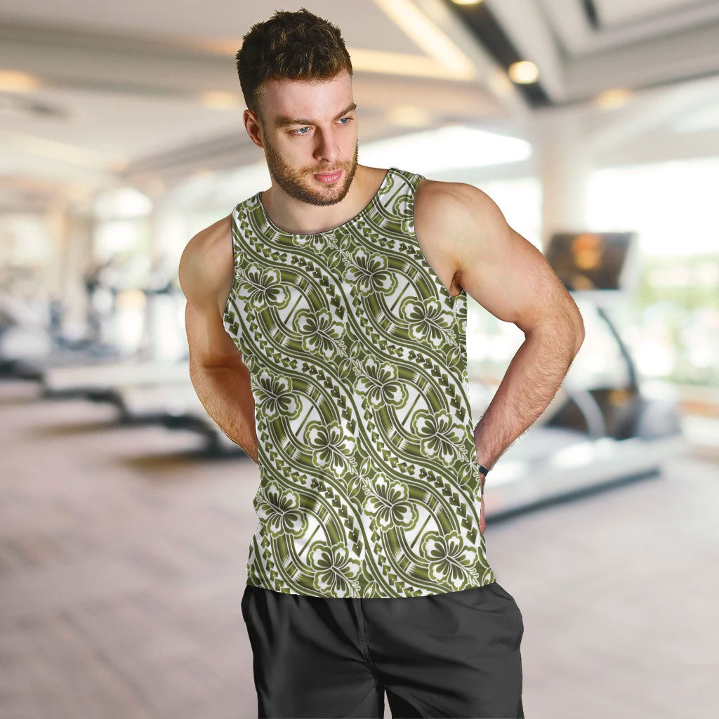 Hibiscus Bloom Island Tribal Waves Men Tank Top Olive Green Polynesian Pattern LT01 Olive Green - Polynesian Pride