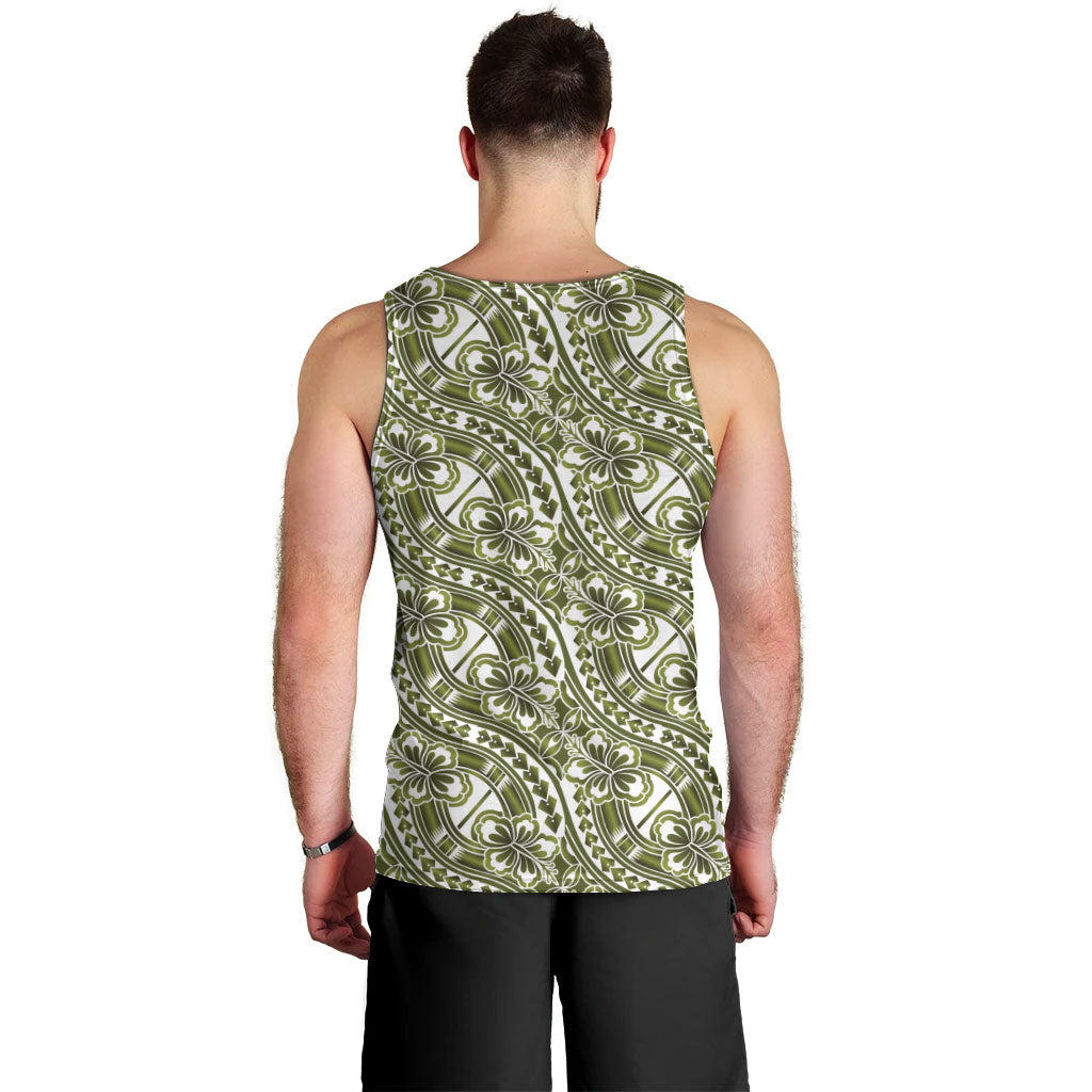 Hibiscus Bloom Island Tribal Waves Men Tank Top Olive Green Polynesian Pattern LT01 - Polynesian Pride