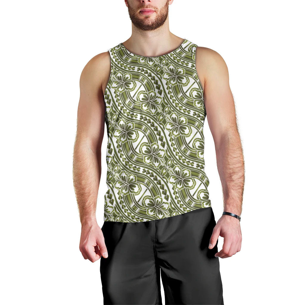 Hibiscus Bloom Island Tribal Waves Men Tank Top Olive Green Polynesian Pattern LT01 - Polynesian Pride